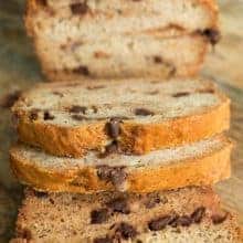 Close up shot of banana bread on wooden board