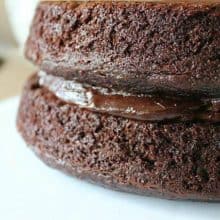 close up of Peanut Butter Cup Ganache in the middle of chocolate cake layer