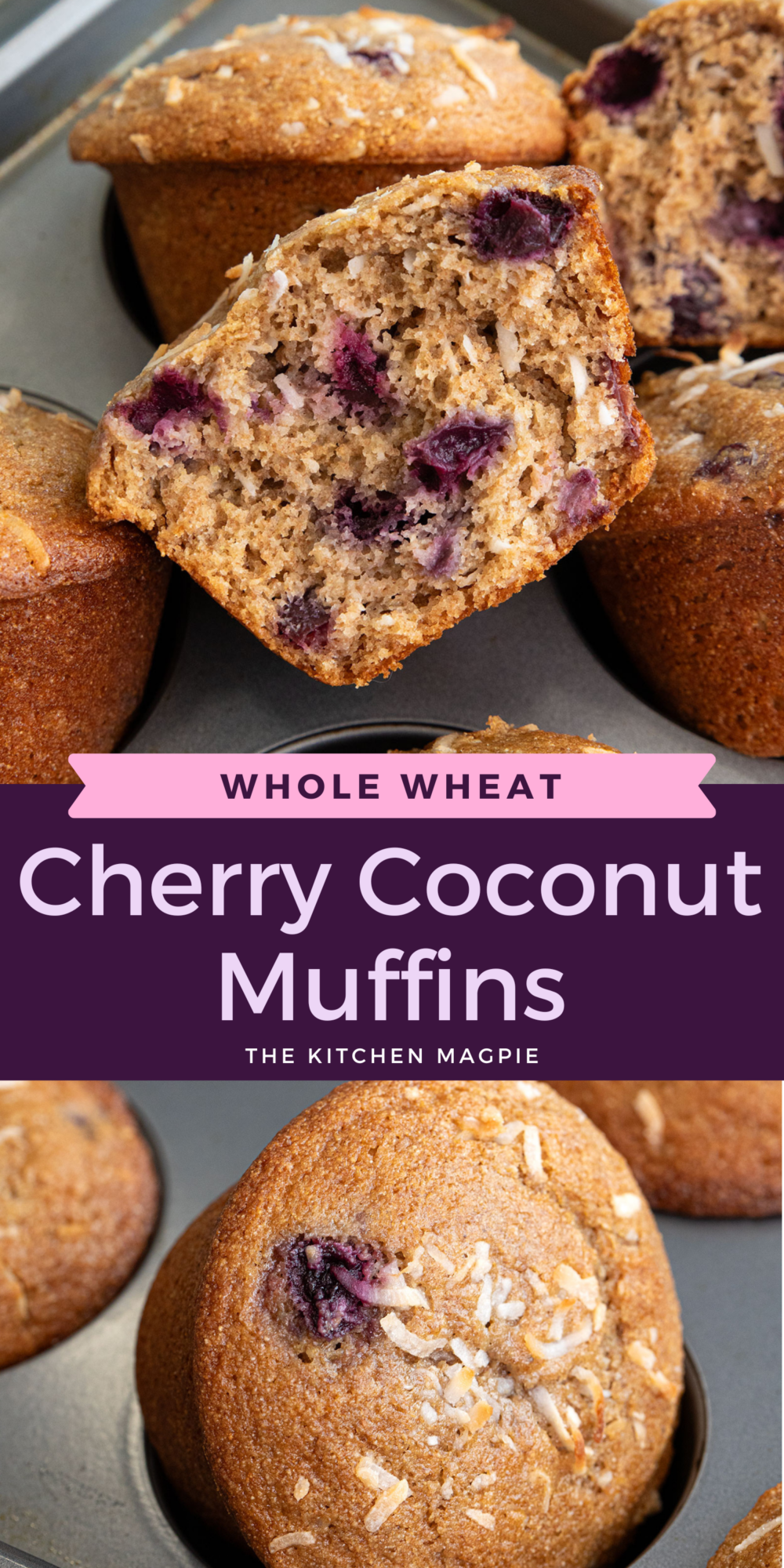  These muffins are filled with juicy fresh cherries, bits of coconut throughout, and a sprinkle of toasted coconut on top. They are a great breakfast to take on the go!