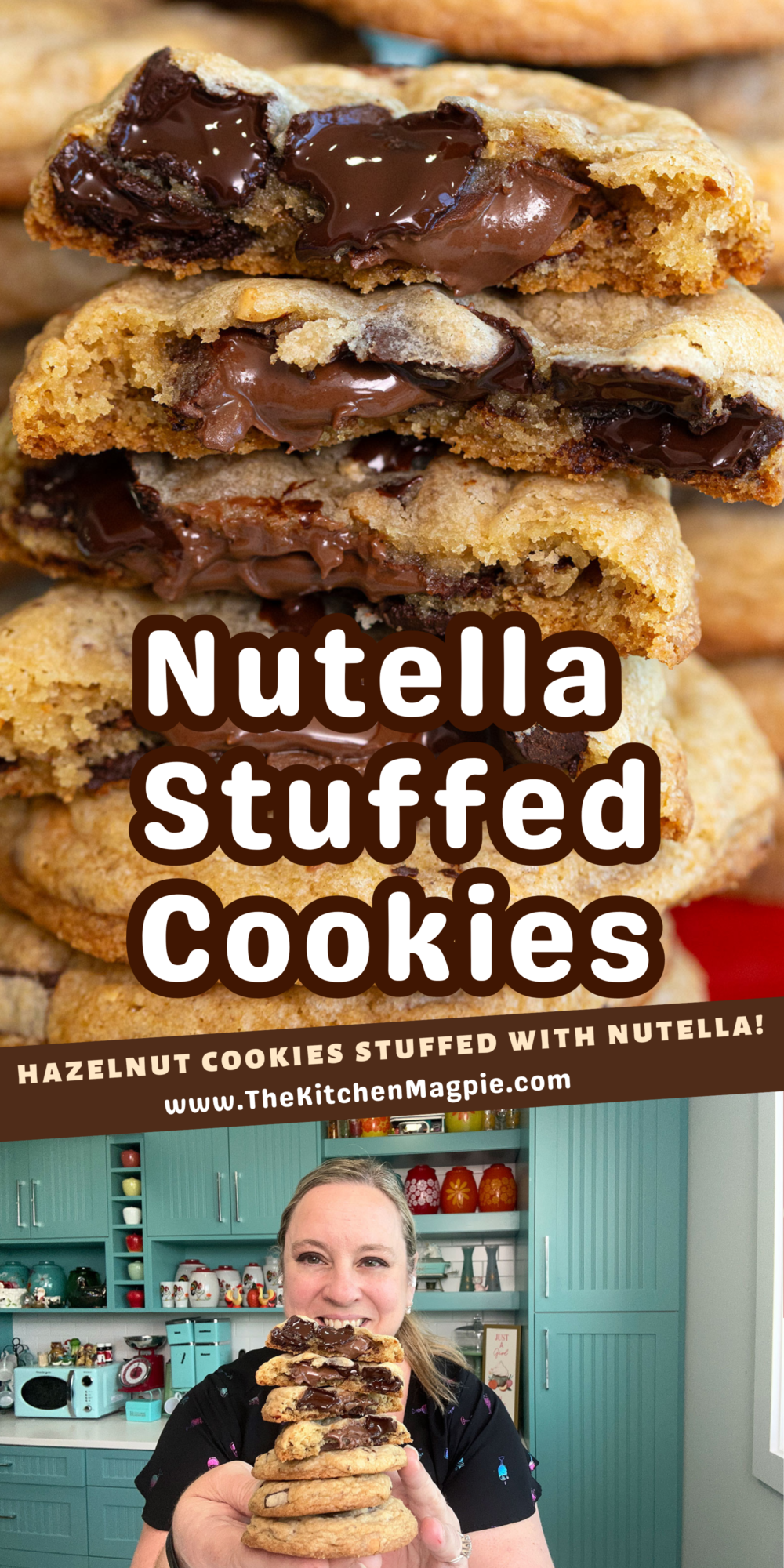 Hazelnut chocolate chip cookies are made even more decadent and delicious by filling the middle of the cookies with Nutella!