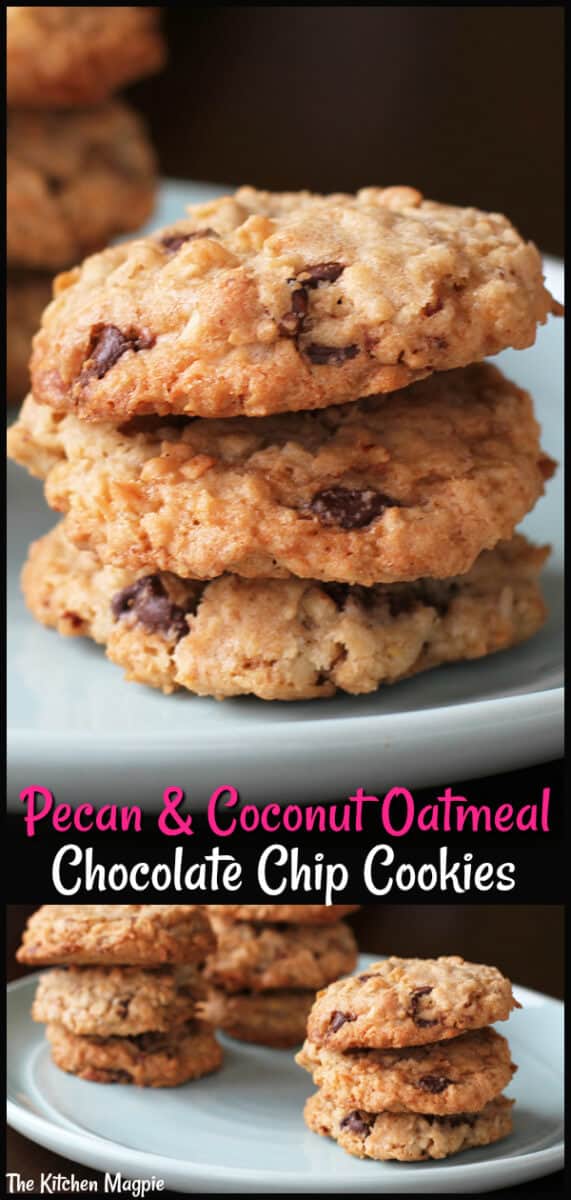 Pecan & Coconut Oatmeal Chocolate Chip Cookies Recipe - The Kitchen Magpie