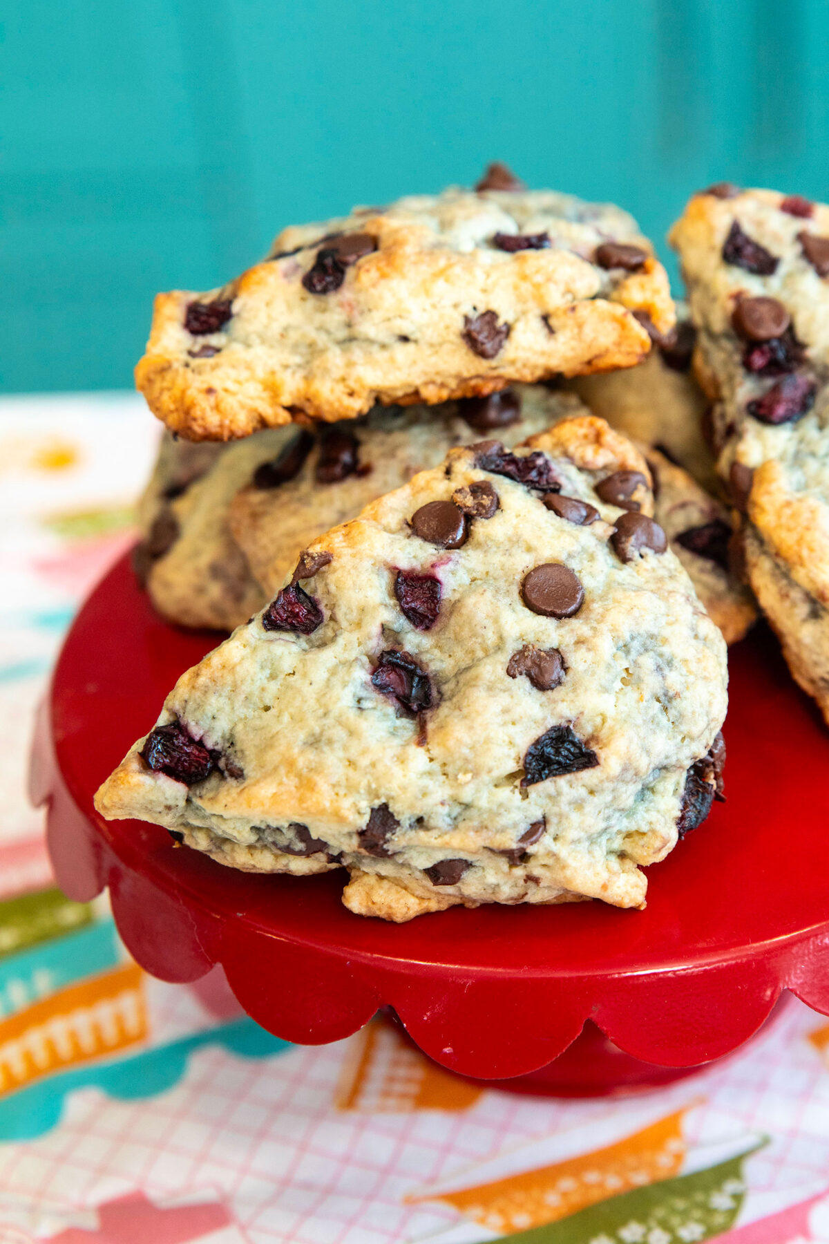 chocolate cherry scones in a stack