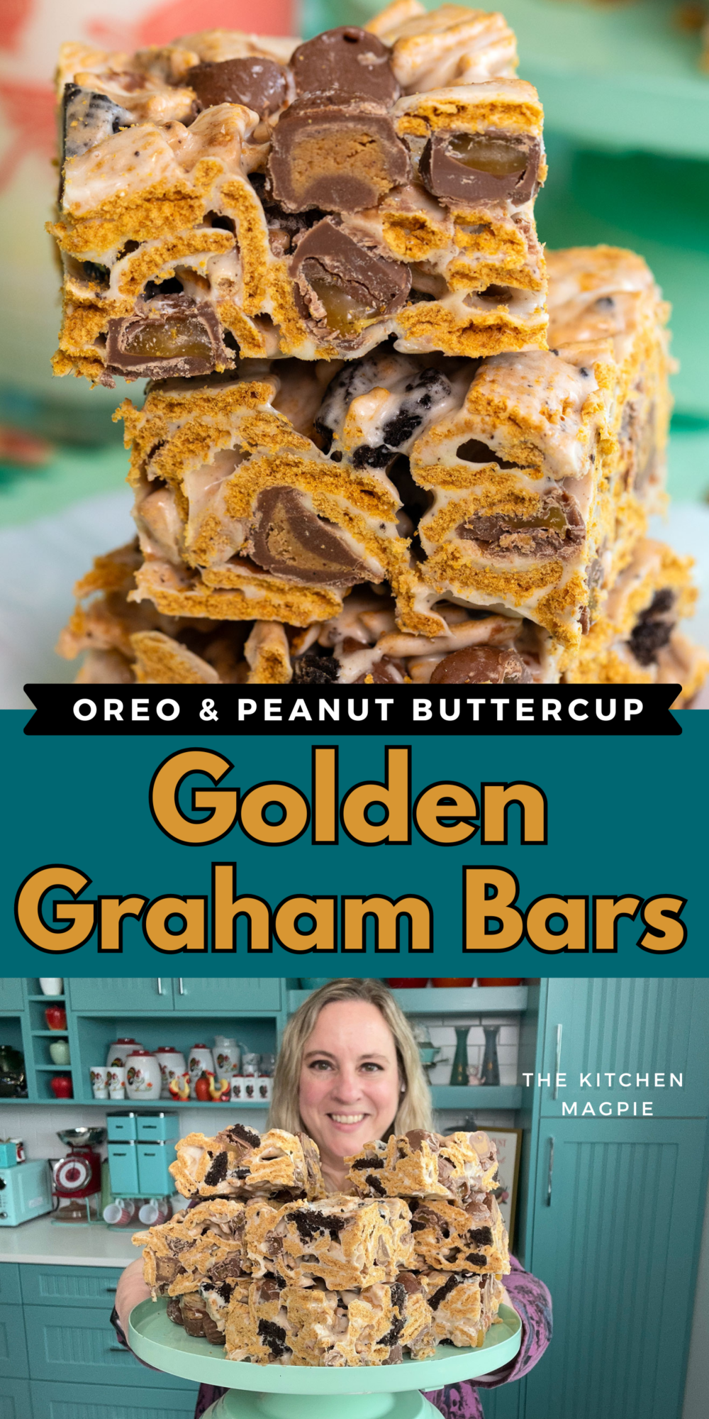 Golden Graham Cereal Bars stuffed with chopped Oreo cookies and mini Reese's peanut butter cups. Cereal bars have just been taken to the next level! These are perfect for picnics, parties, and camping!