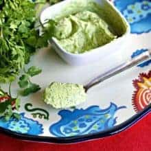 Cilantro Butter in a white ceramic bowl and in a spoon, fresh cilantro beside it on a printed plate