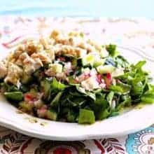 Chicken, Radish and Cucumber Swiss Chard Chopped Salad in a White Plate