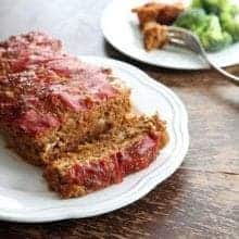 close up seasoned Meatloaf From Campbell's Soup in a white plate