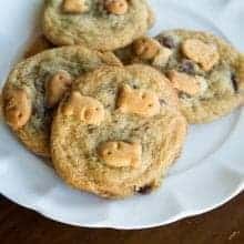 close up of goldfish Crackers Chocolate Chip Cookies in a white plate