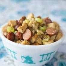 close up Apple Sausage Crockpot Stuffing in a white bowl