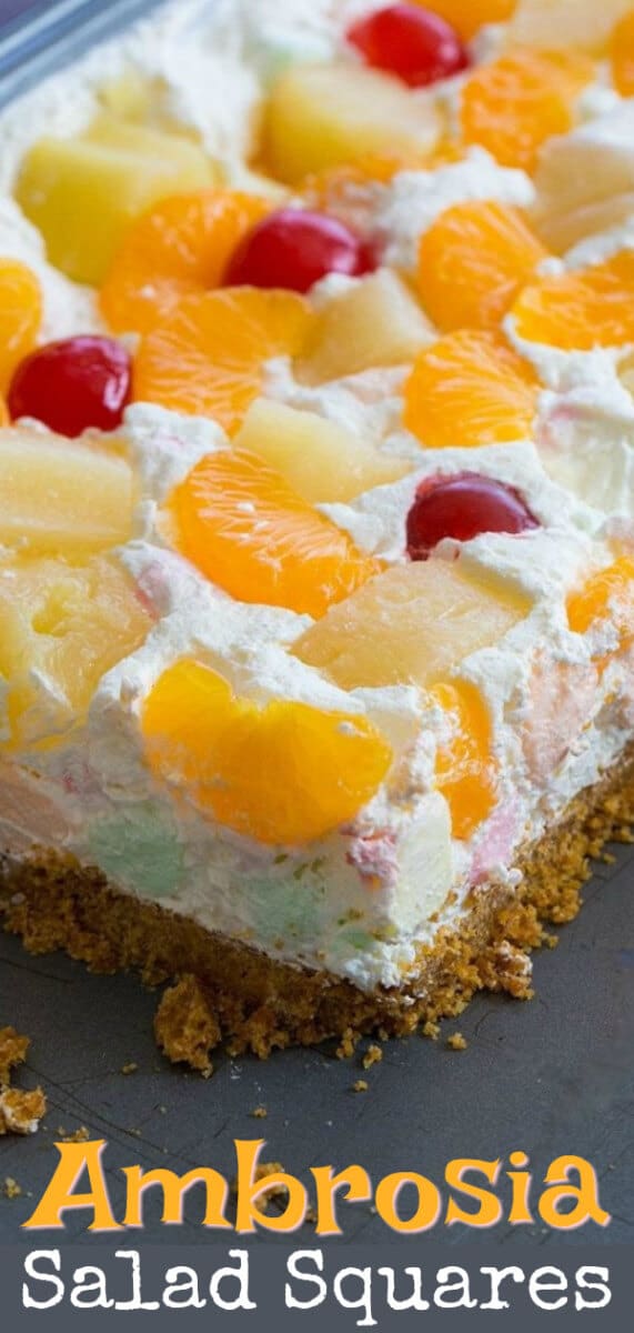 If you love Ambrosia Salad, then you will love these Ambrosia Salad Squares! They slice like a dream and I love them so better than the salad! #ambrosia #pineapple #mandarin #dessert #picnic