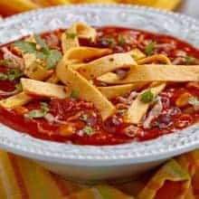 close up of Campbell's Chicken Tortilla Soup Kits in a White Vintage Plate