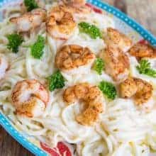 close up Shrimp Alfredo on a floral blue plate ready to enjoy!