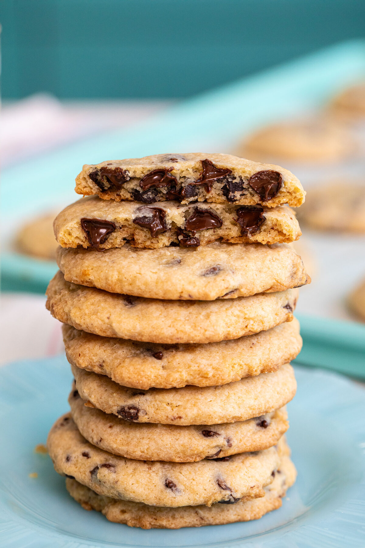 close up of a large stack of cheesecake chocolate chip cookies