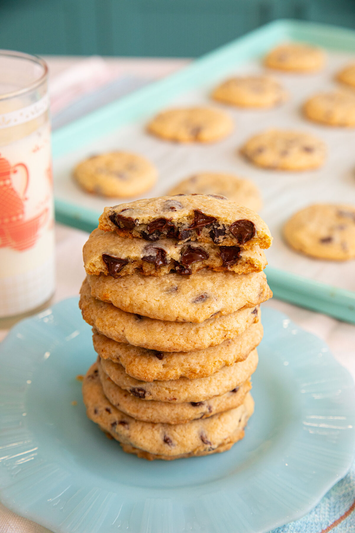 a large stack of cheesecake chocolate chip cookies