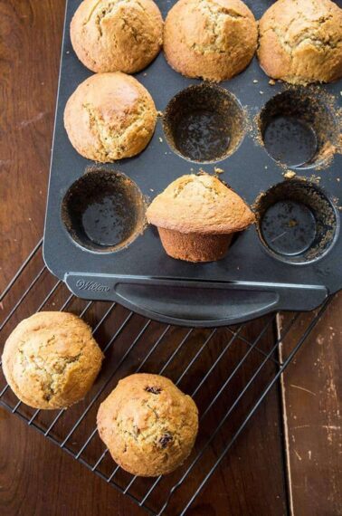 Baked Six Week Raisin Bran Refrigerator Muffins in Muffin Tins and Cooling Rack