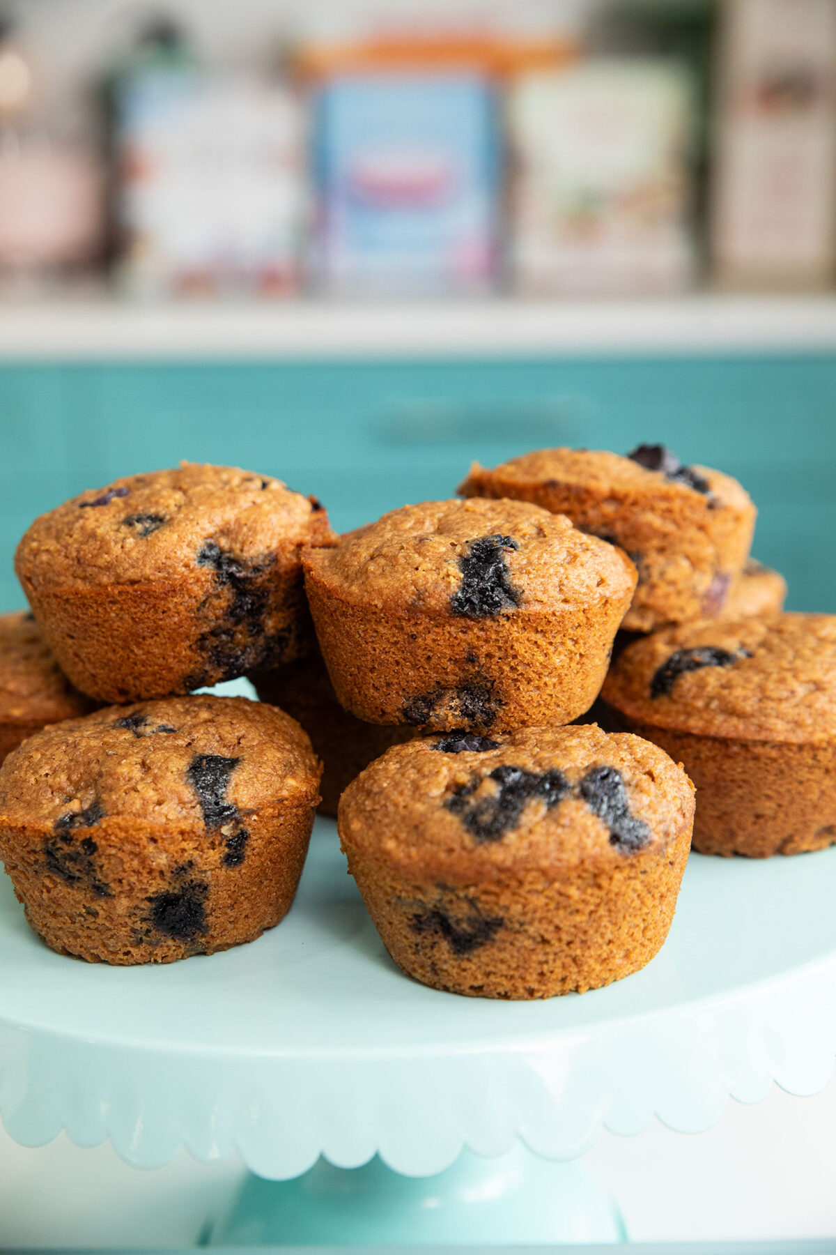 a stack of nine grain blueberry muffins