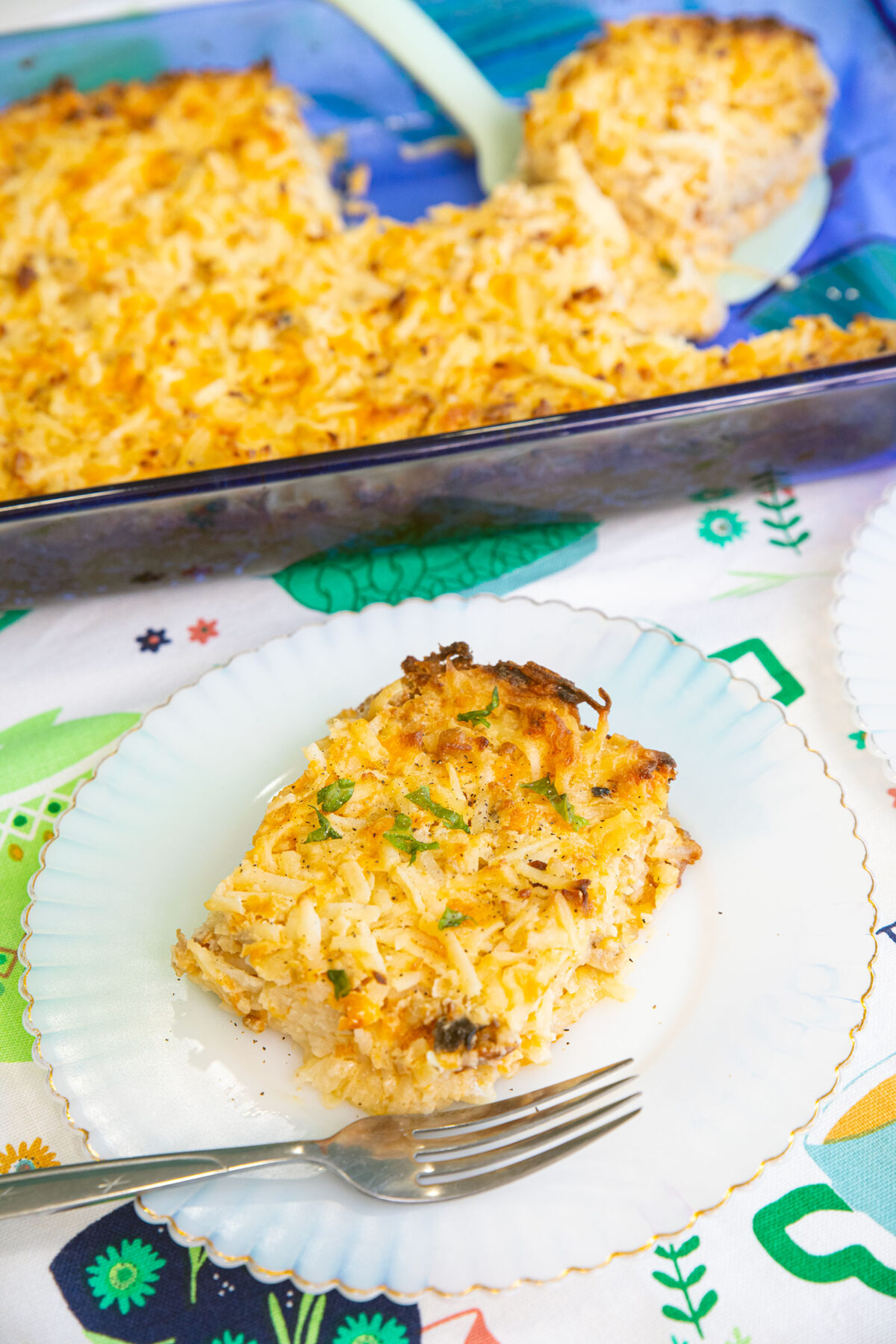 a slice of sausage breakfast casserole on a plate