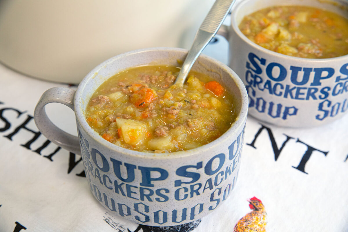 split pea hamburger soup in a soup bowl