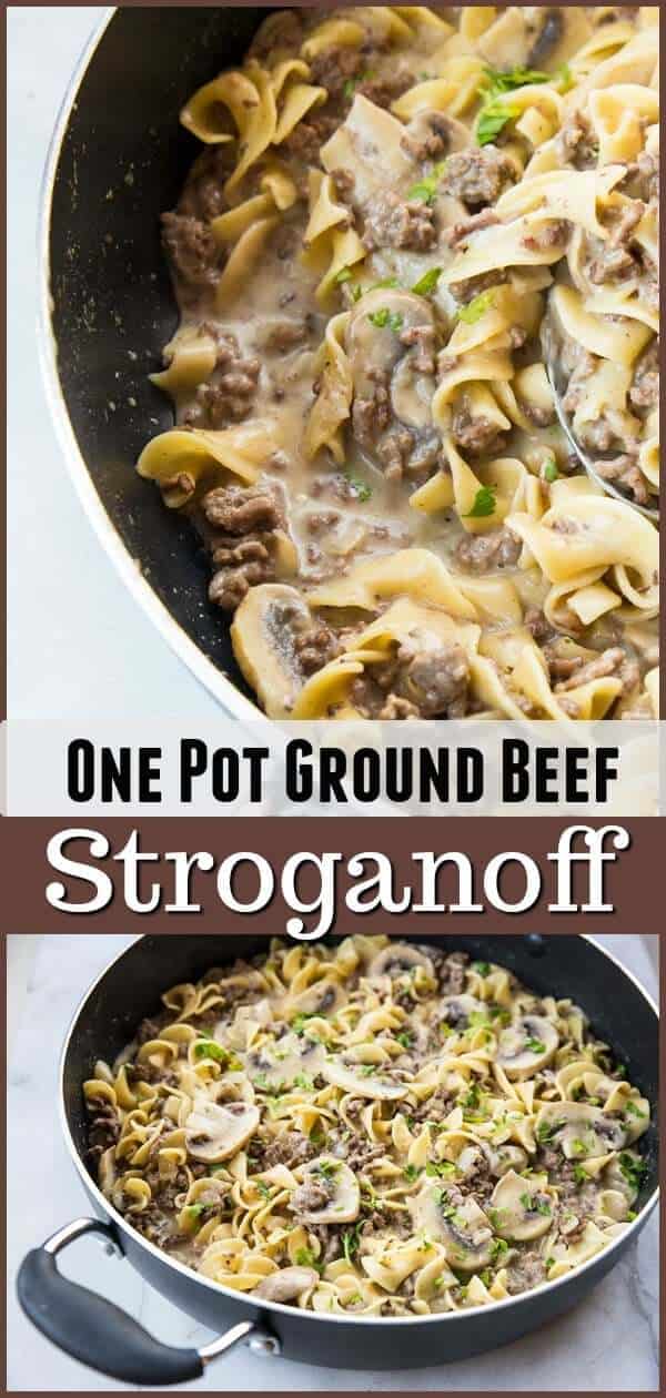 This one pot rich & creamy ground beef stroganoff has a secret ingredient that makes this the BEST stroganoff ever! #groundbeef #beef #stroganoff #pasta #recipe #skillet