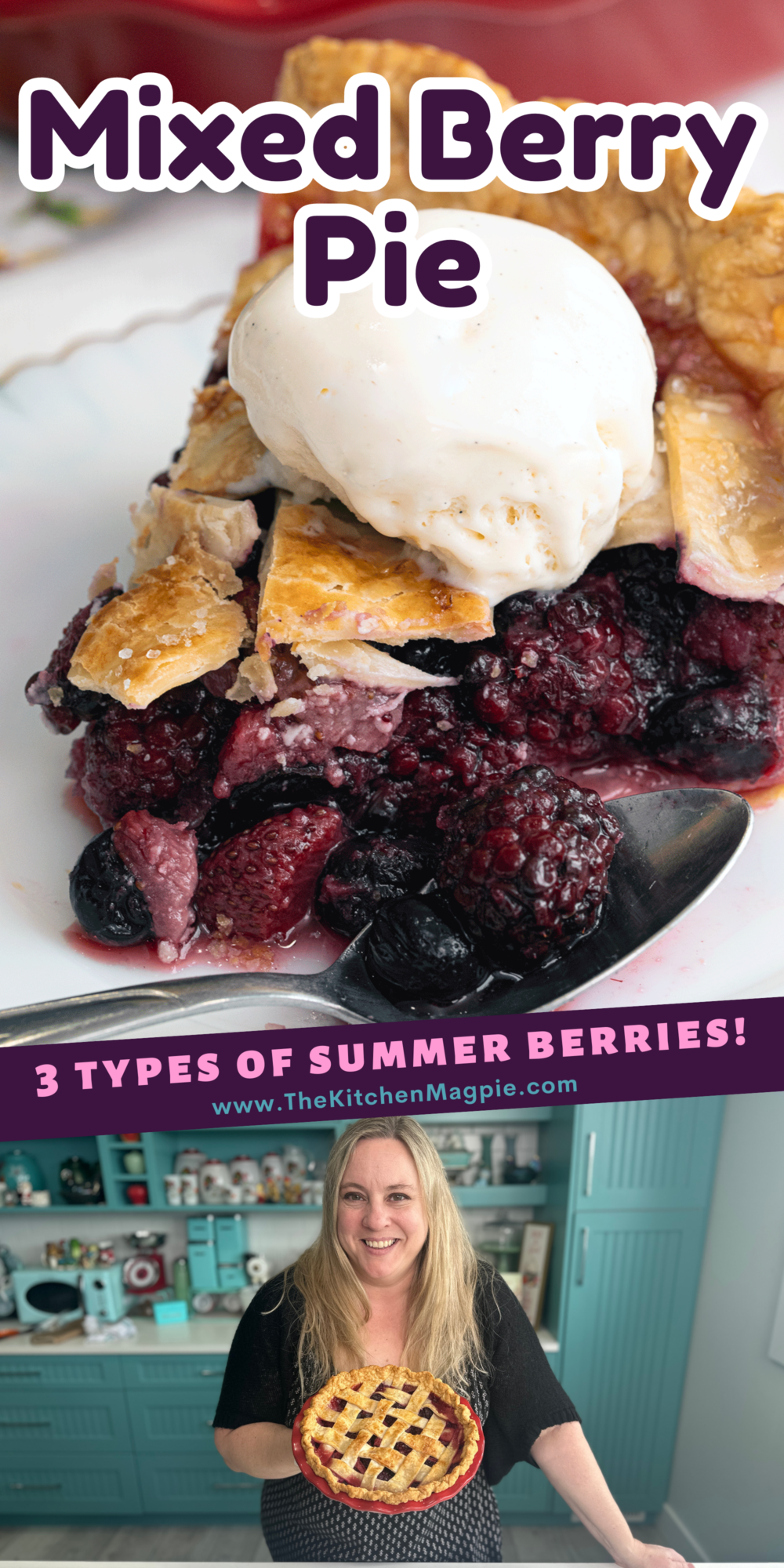 This mixed berry pie with blackberries, strawberries and blueberries is the perfect taste of summer berries deliciously baked into a pie! Top with vanilla ice cream and enjoy! 