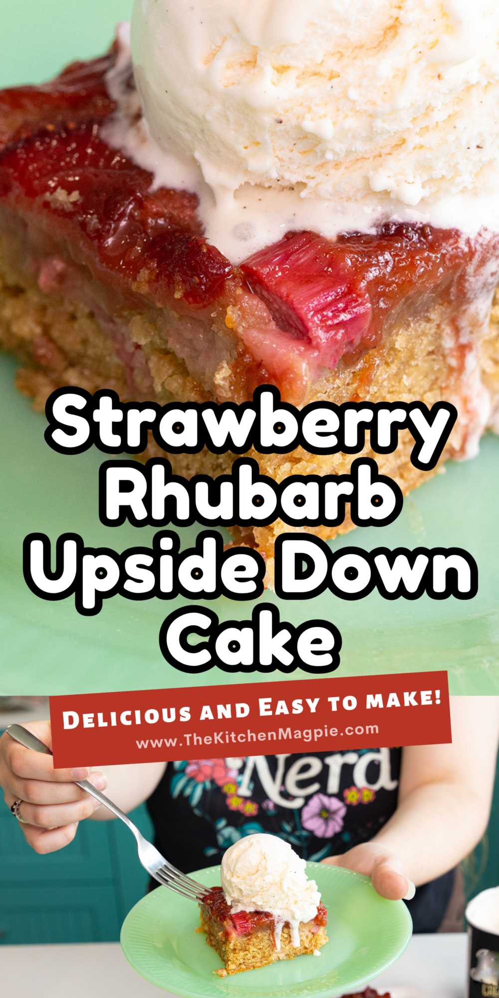 This delicious strawberry and rhubarb upside-down cake is the perfect way to use up your summertime rhubarb and strawberries! 