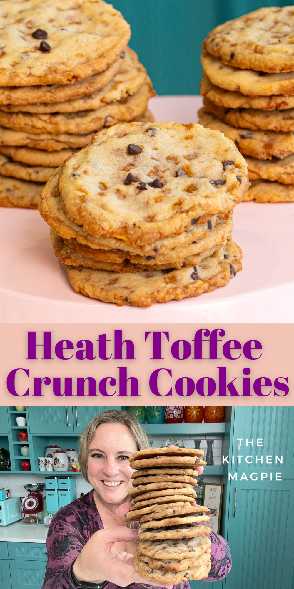 Crunchy, buttery cookies with chewy toffee bits & chocolate, a match made in cookie heaven! Toffee cookies are the best!