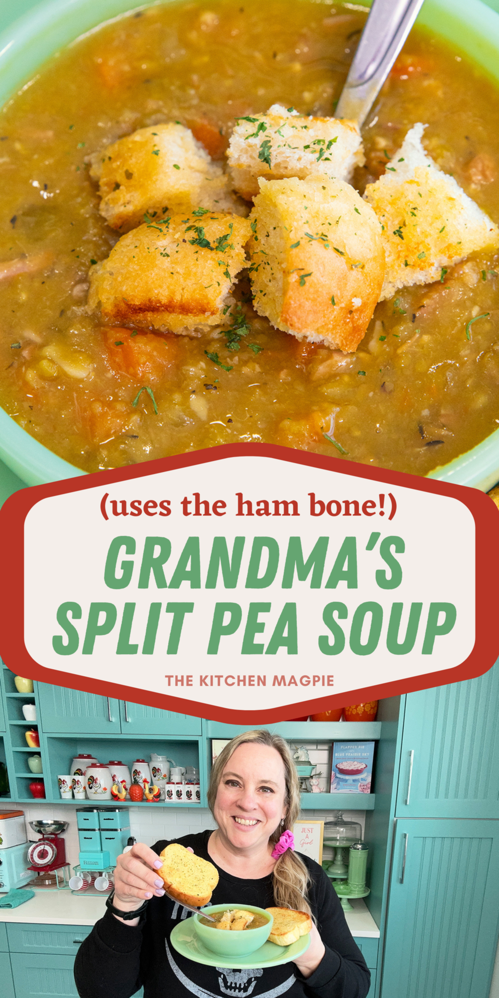 How to make delicious split pea soup using the ham bone and diced ham leftover from your meal. This simple waste-not, want-not recipe gets the most value from your meals with minimal effort and is very affordable. #thekitchenmagpie #splitpeasoup #soup 