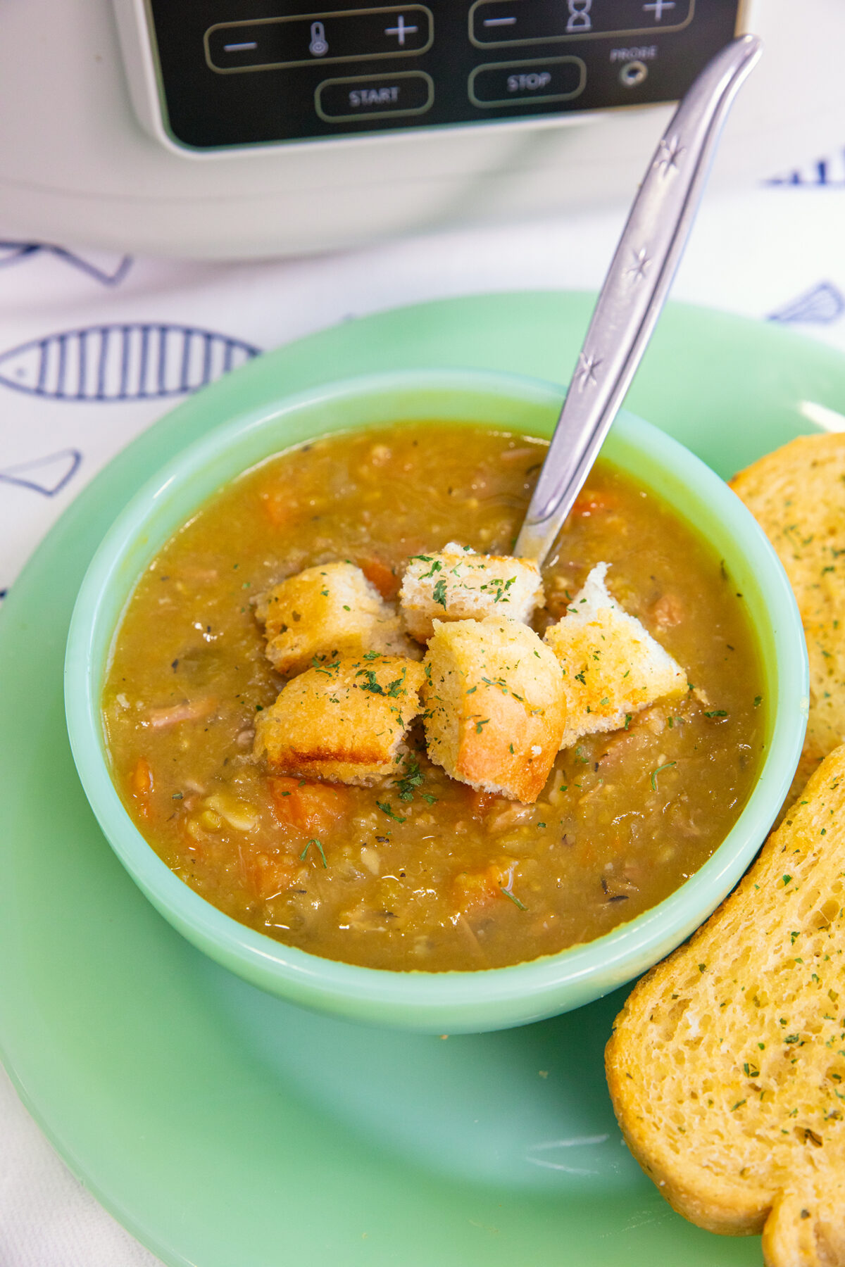 split pea soup in a Jadeite bowl