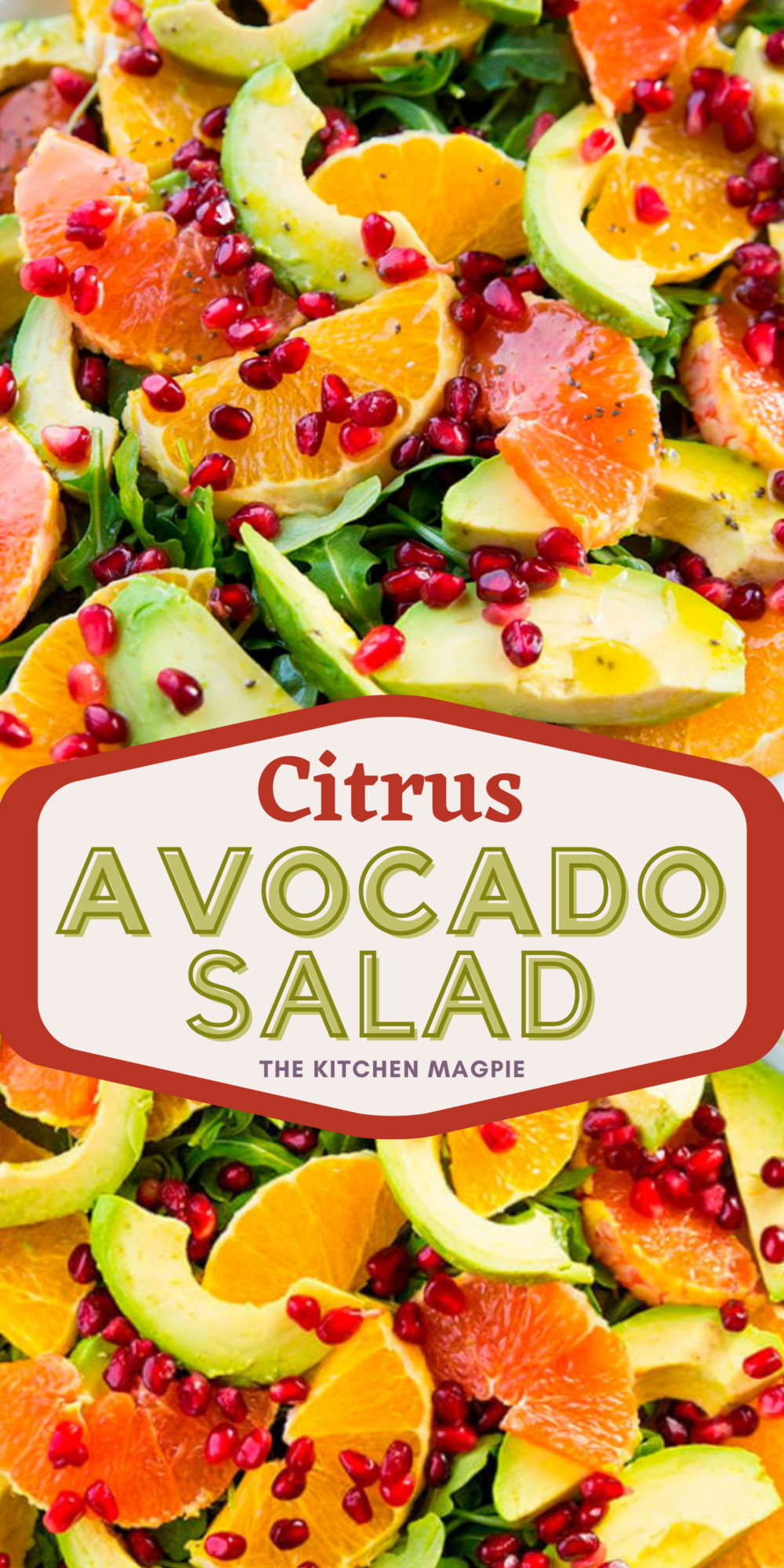 Winter Citrus Avocado Salad - citrus, avocado, pomegranate, and arugula make for a healthy and affordable salad.