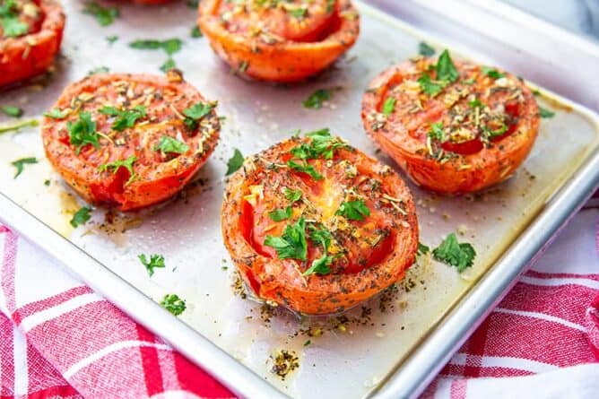 Easy Garlic And Herb Oven Roasted Tomatoes The Kitchen Magpie