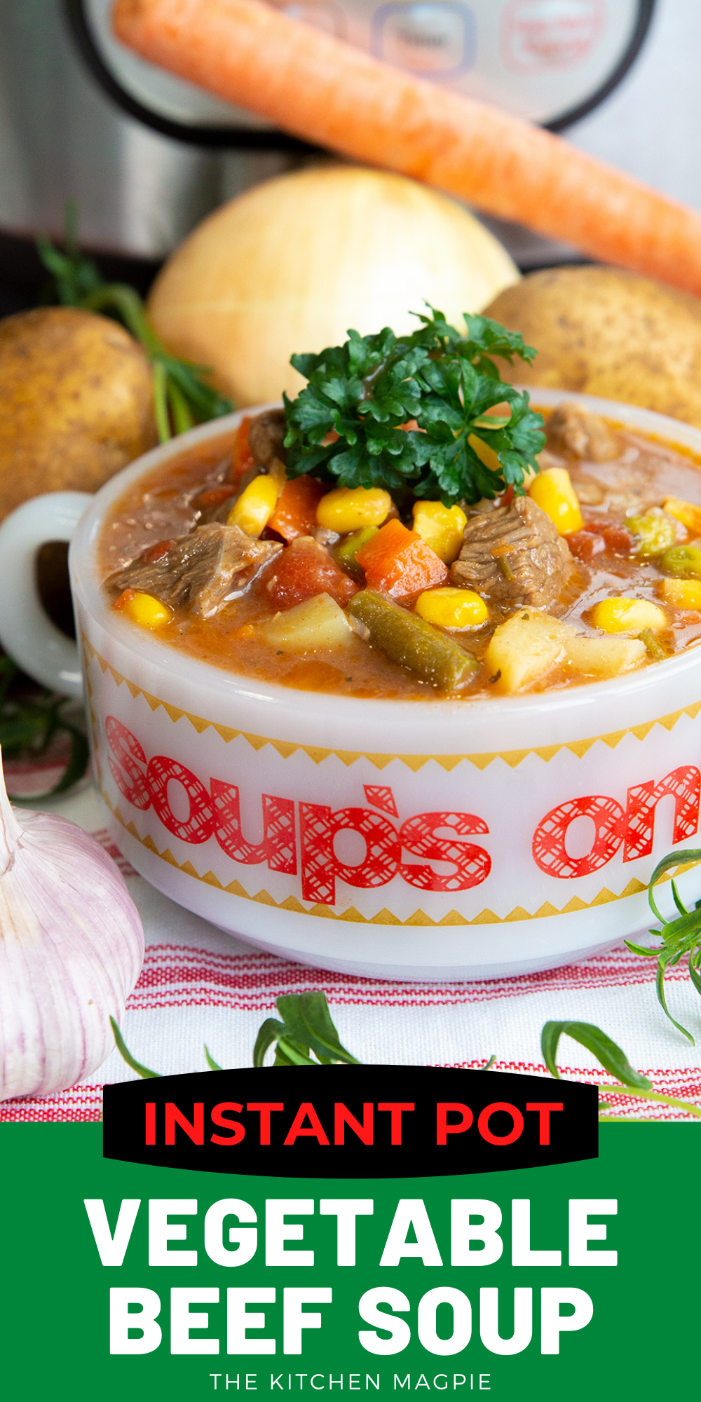This Instant Pot vegetable beef soup is a delicious, hearty soup that is absolutely a snap to make in your pressure cooker! #instantpot #soup #beefsoup #vegetablesoup