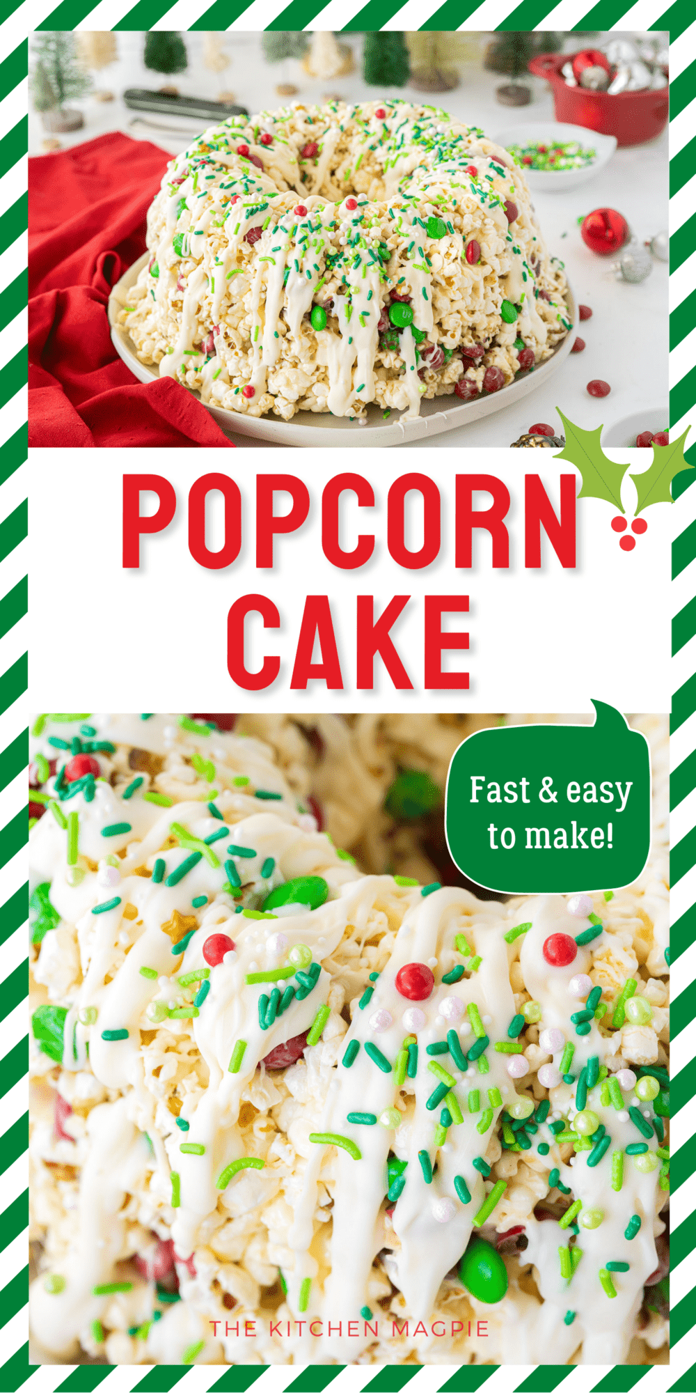Crunchy, sweet and easy to make, popcorn cake is a hit with kids and adult alike! You can adjust the candies according to the occasion, from Christmas to birthday!