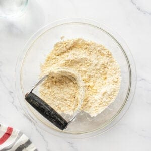 Pie crust dry mix with pastry blender in bowl