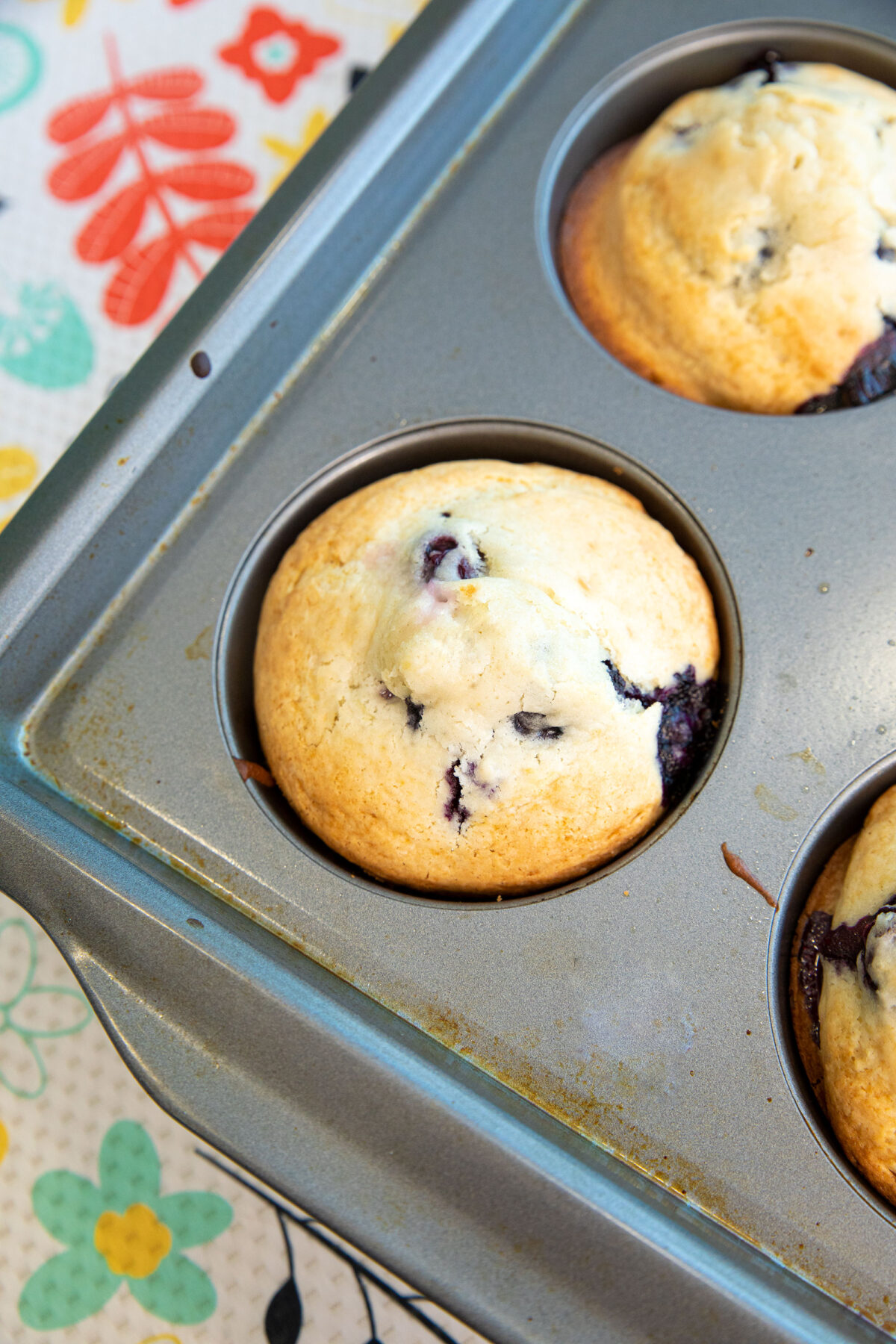 Bisquick blueberry muffins in a muffin tin