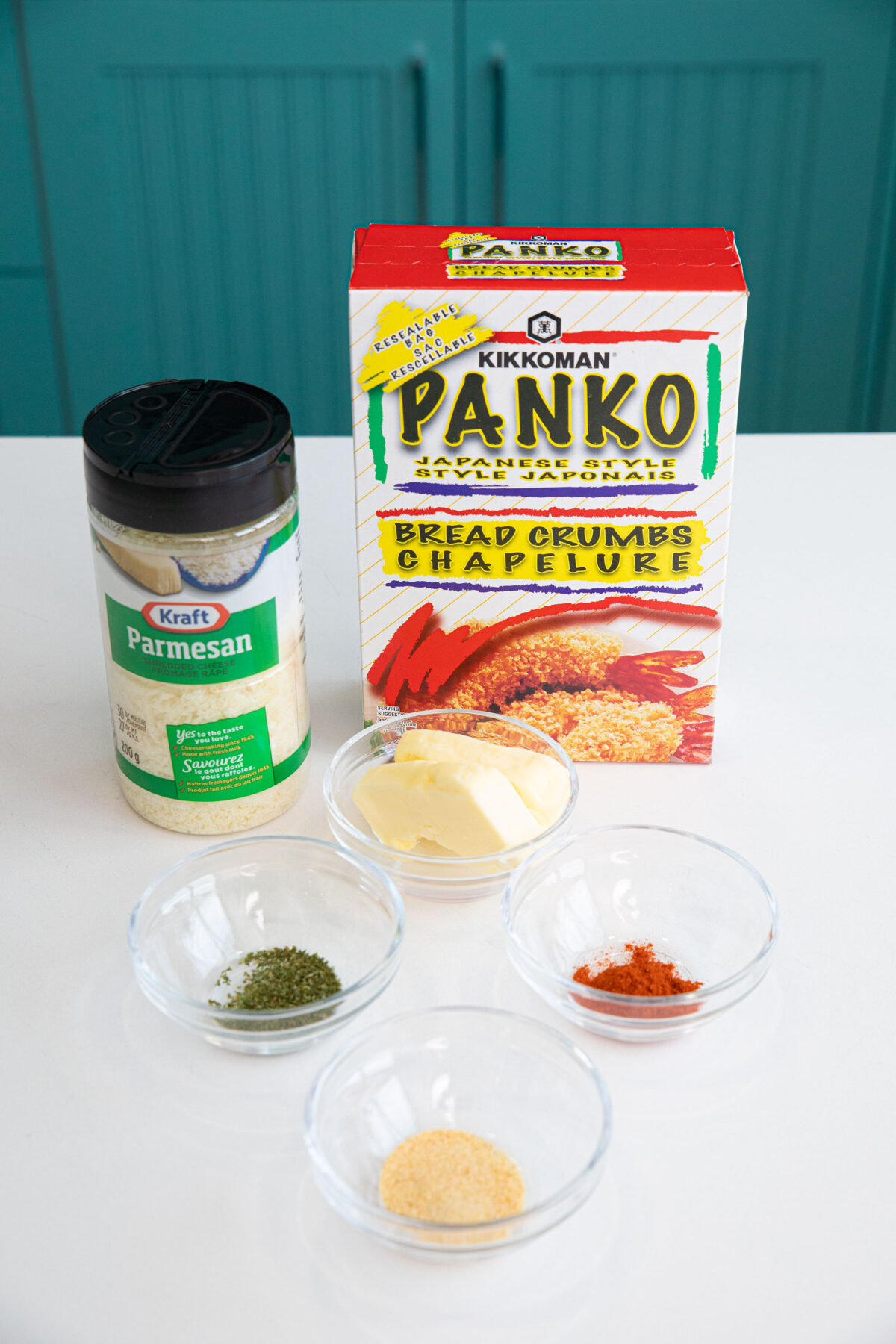 ingredients for Panko breadcrumb topping on a white counter