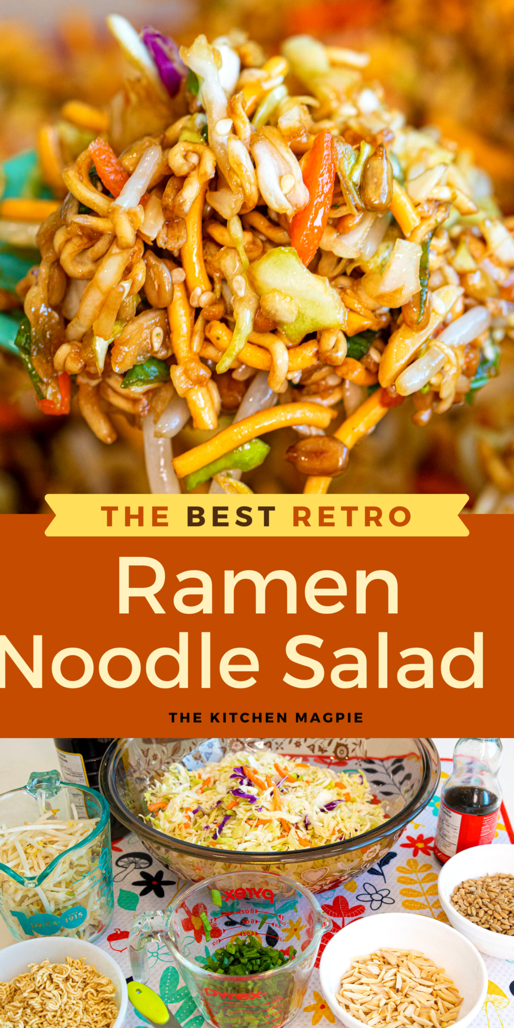 This retro ramen noodle salad has two types of crunchy noodles and is loaded with seeds, nuts, and vegetables, all tossed in a dark zesty sesame-flavored dressing!