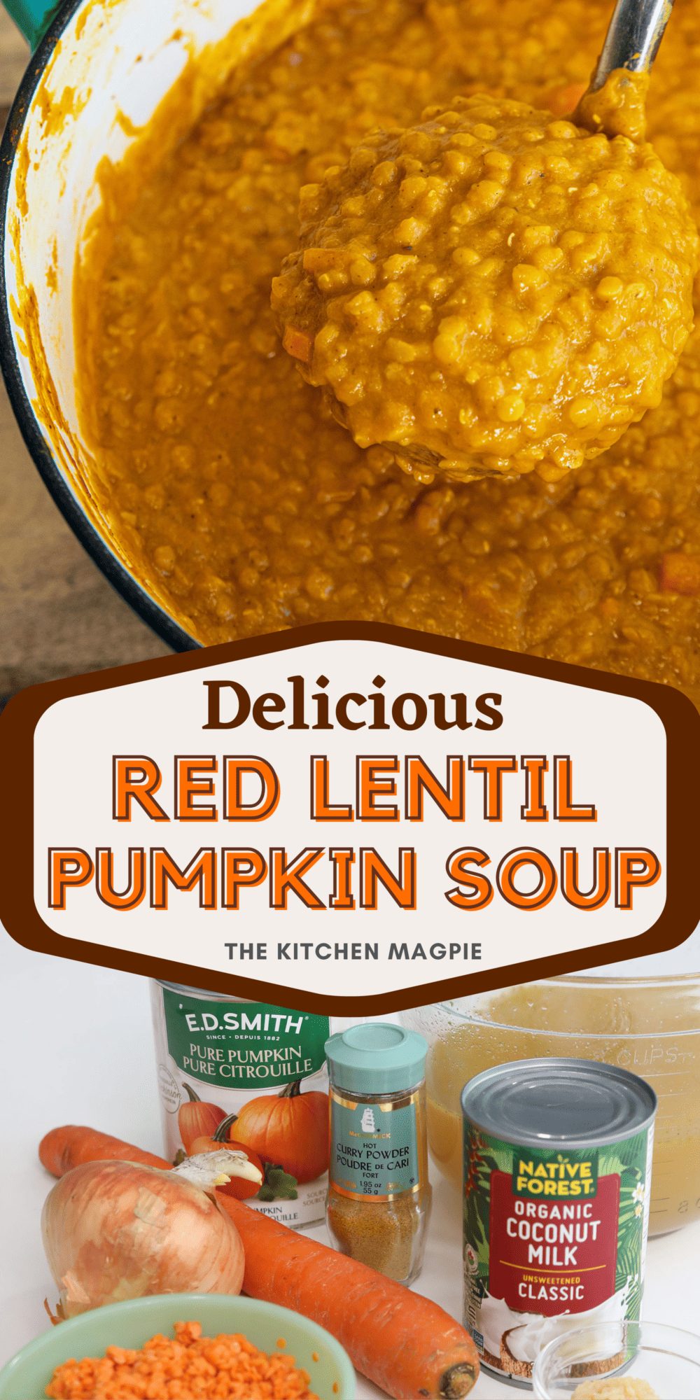 Healthy and filling pumpkin soup loaded with curry, ginger, and red lentils for extra protein. A delicious way to use those lentils in your cupboard!