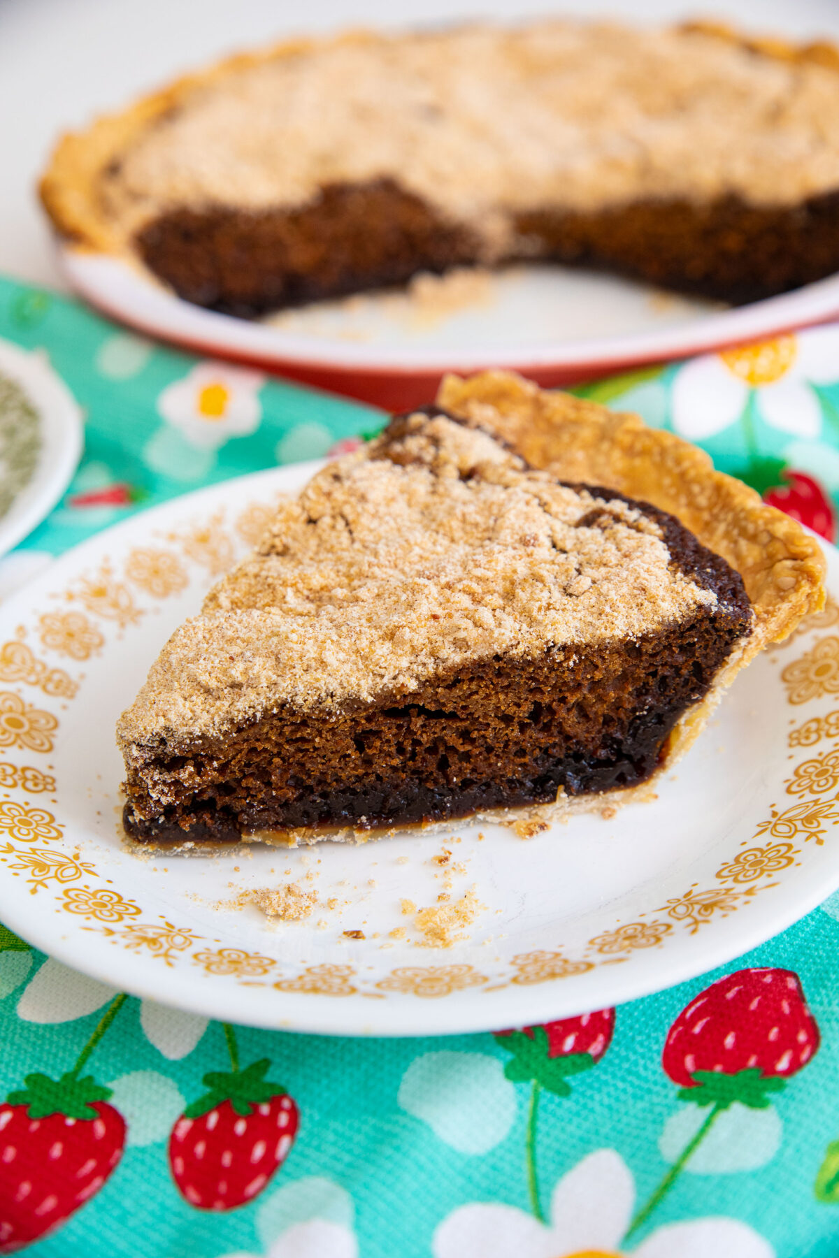 a slice of shoofly pie and a shoofly pie in a pie plate