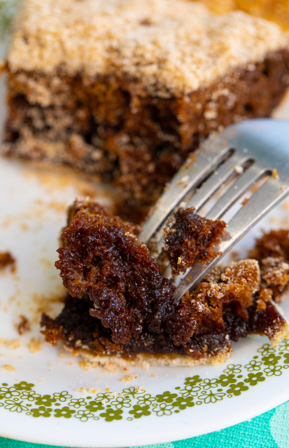 a piece of shoofly pie on a fork