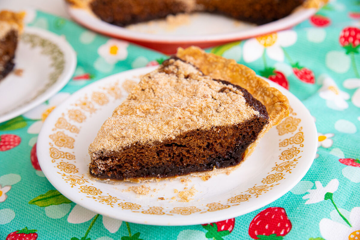 a slice of shoofly pie on a plate