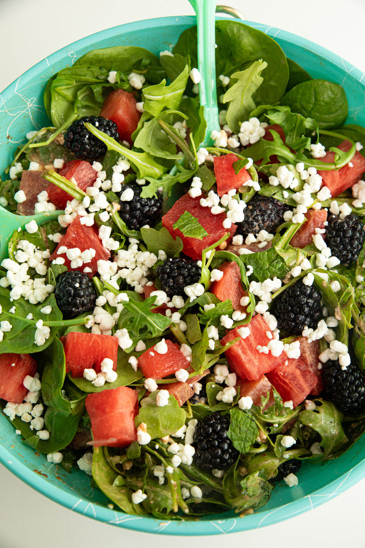 close up of the  watermelon salad with feta and mint overhead view