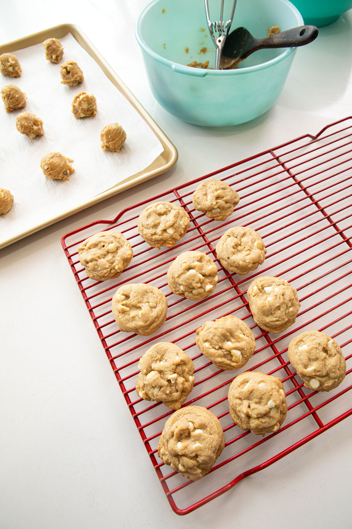 white chocolate chip macadamia nut cookies on a red cooling rack with uncooked cookies and baking tray behind them.