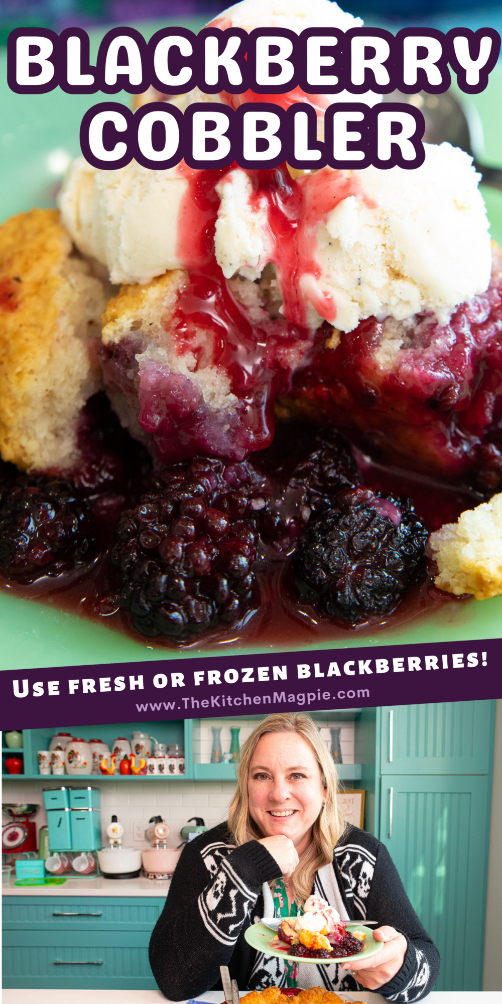 Blackberries are tossed in a sugar mixture, topped with a sweet dough, and then baked to a hot, juicy perfection that is decadent when topped with vanilla ice cream!