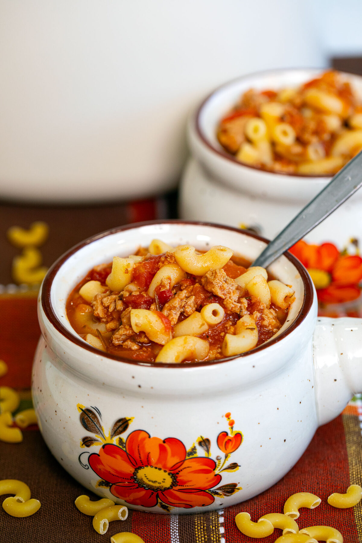 close up of turkey Italian macaroni soup in a bowl