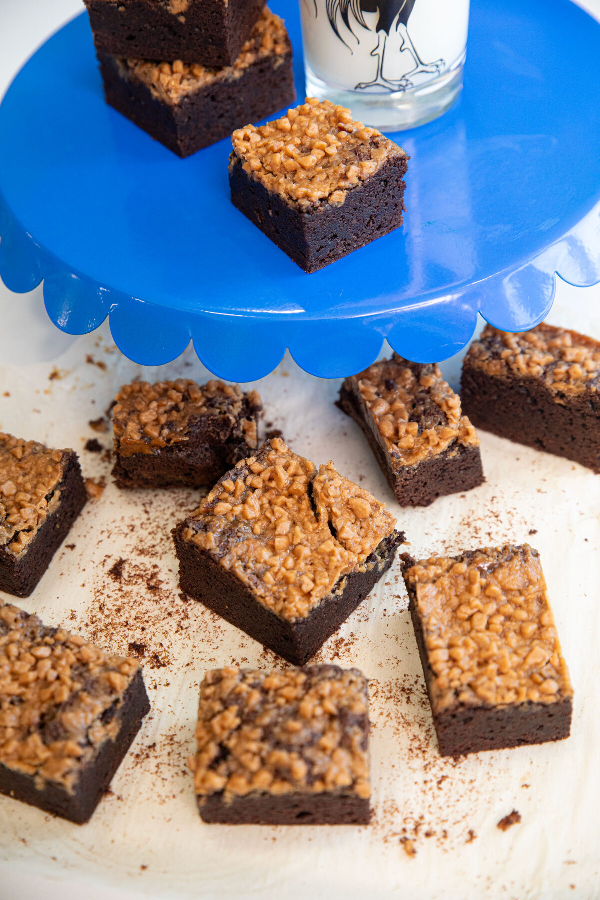 sliced toffee brownies on parchment paper