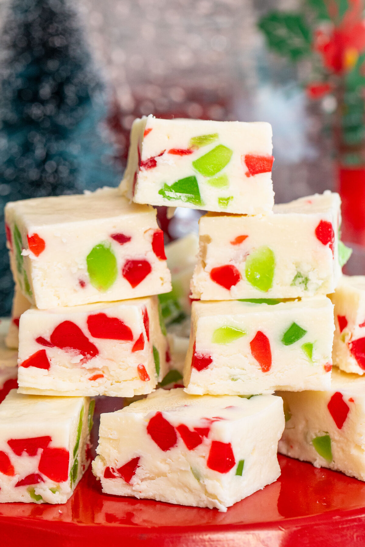 close up slices of Christmas Fudge on pan