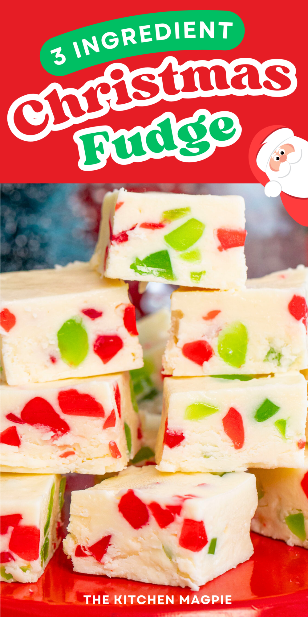 This Christmas fudge is only THREE ingredients, takes no time to make and the green, red and white combo makes for a beautiful Christmas treat! #thekitchenmagpie #christmas #fudge #Christmasdessert