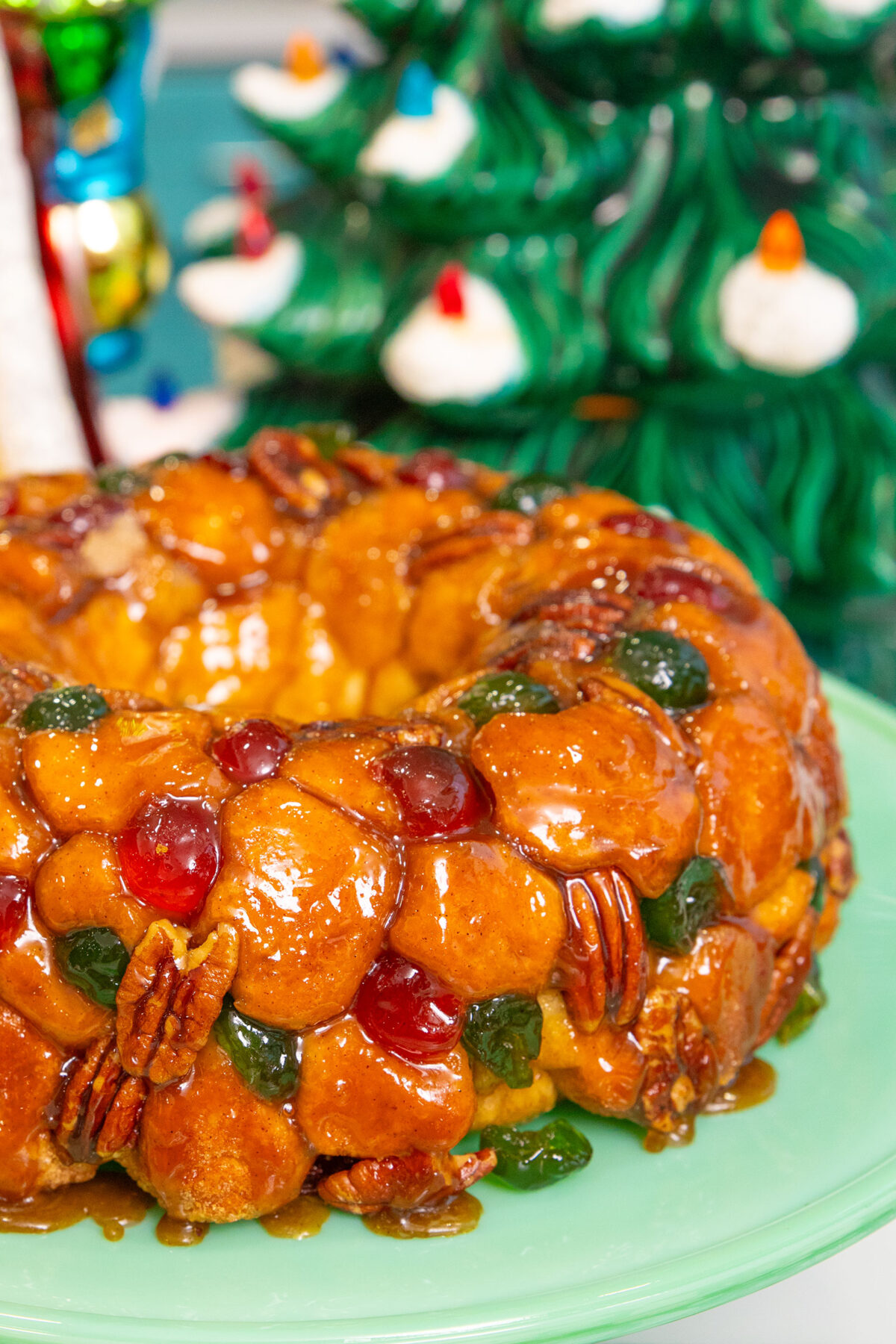 Christmas monkey bread on a jadeite platter