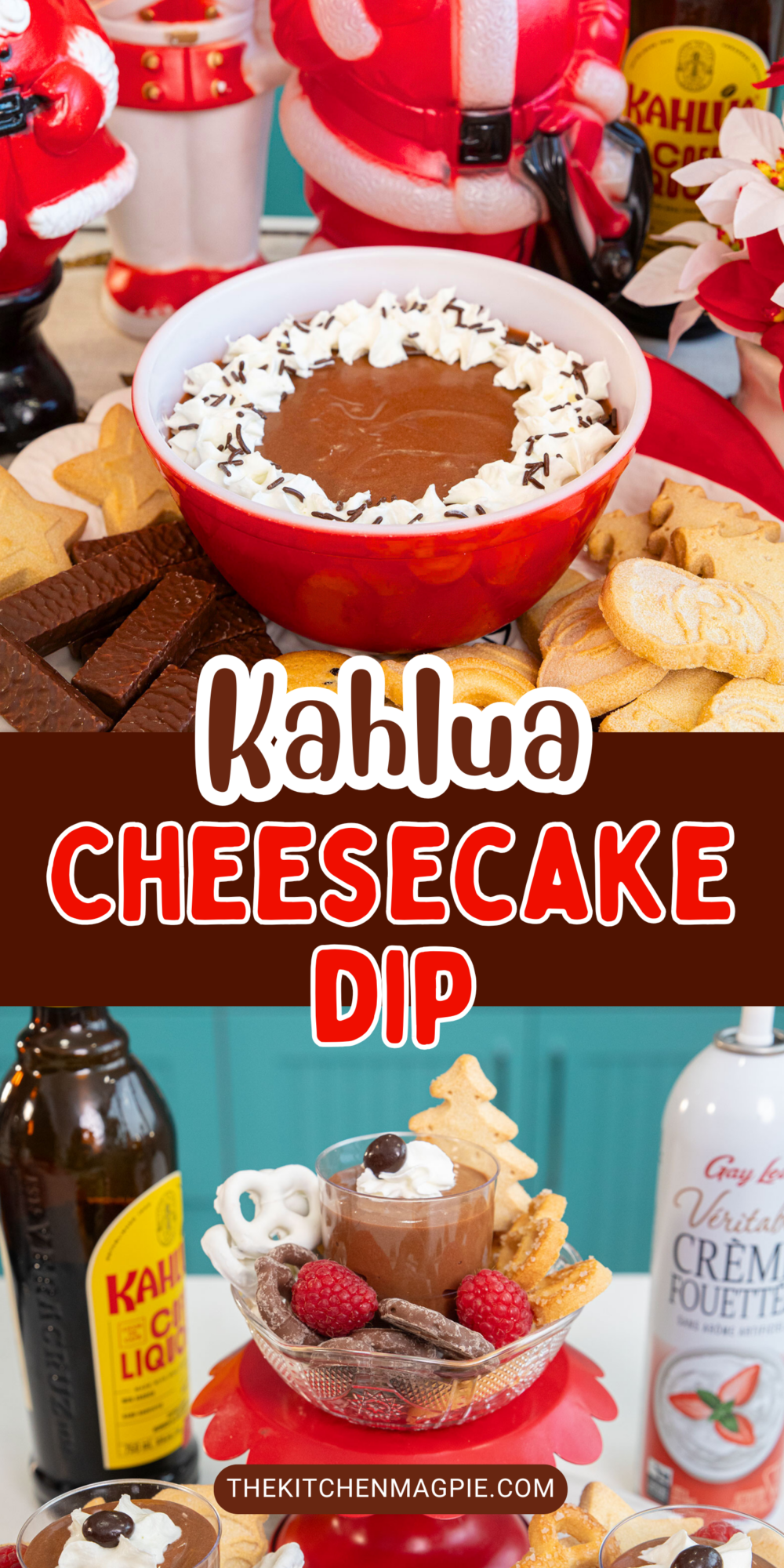 The addition of Kahlua to this chocolate cheesecake dip takes it over the edge! This dip uses only four ingredients, making it super easy to make. #thekitchenmagpie #kahlua #dessertdip 