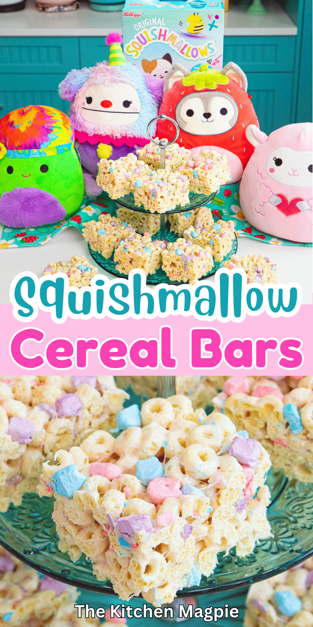 Squishmallow Cereal Bar Treats
These delicious marshmallow cereal bars are made with Squishmallow cereal, perfect for a Squishmallow tea party, birthday party, or just an adorable sweet treat! #thekitchenmagpie #cerealbars #squishmallows