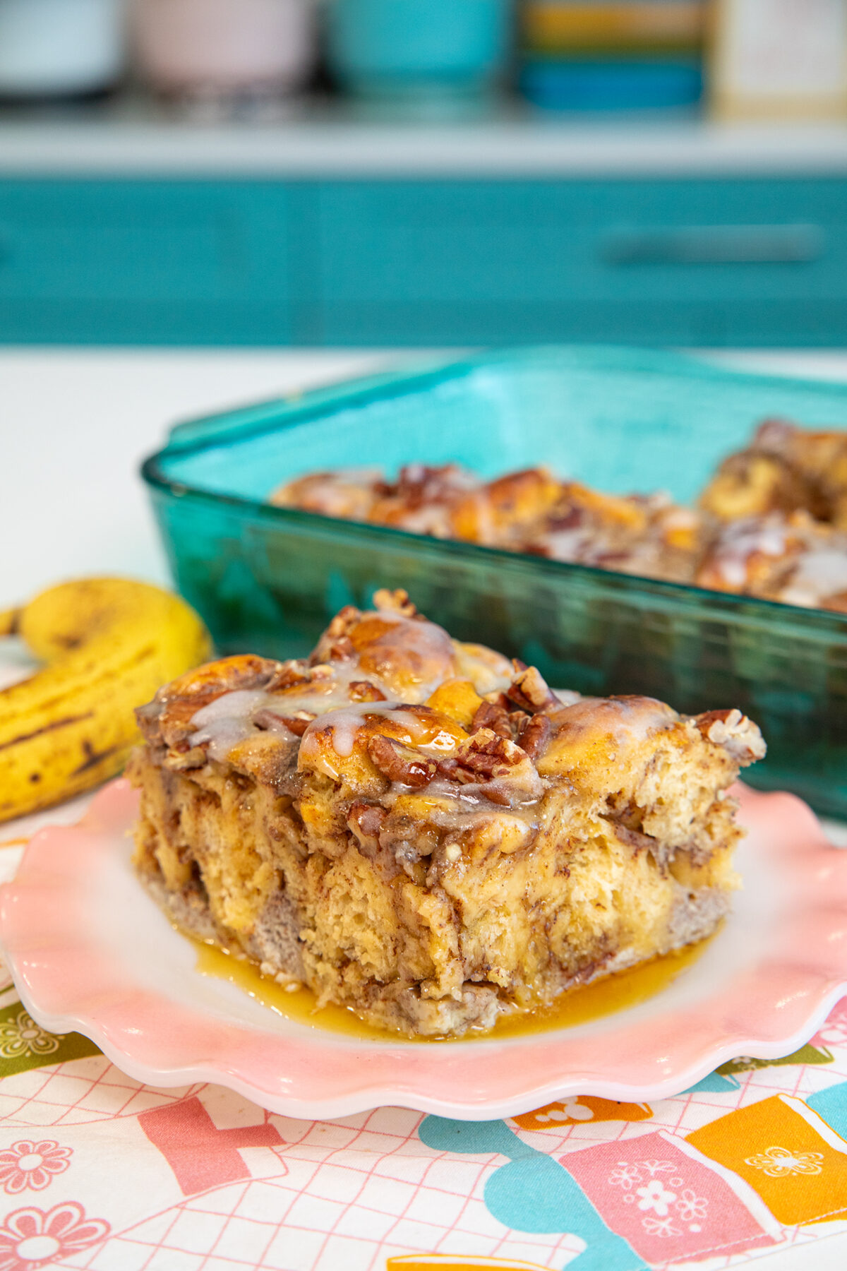 a slice of banana cinnamon roll casserole